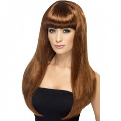 Peluca Cleo Larga Castaña.Lisa con Flequillo.