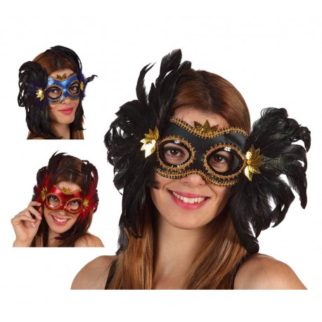 Antifaz Veneciano con Ribetes Dorados y Plumas
