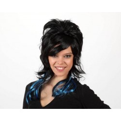 Peluca Morena con mechas Azules y flequillo.