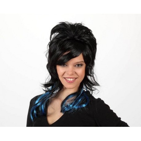 Peluca Morena con mechas Azules y flequillo.