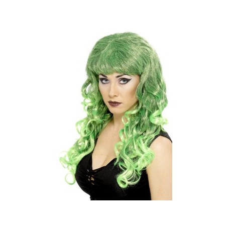 Peluca  melena mechas Verdes y negras,flequillo