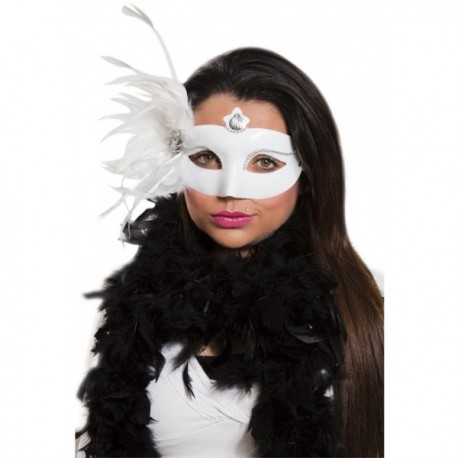 Antifaz blanco,con pluma y perlas