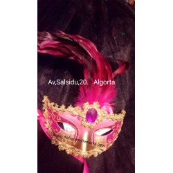 Antifaz veneciano , rosa con dorado y plumas