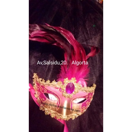 Antifaz veneciano , rosa con dorado y plumas