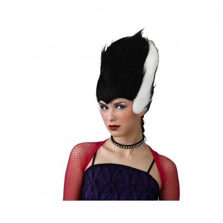 Peluca Negra con 2 Mechones Blanco.